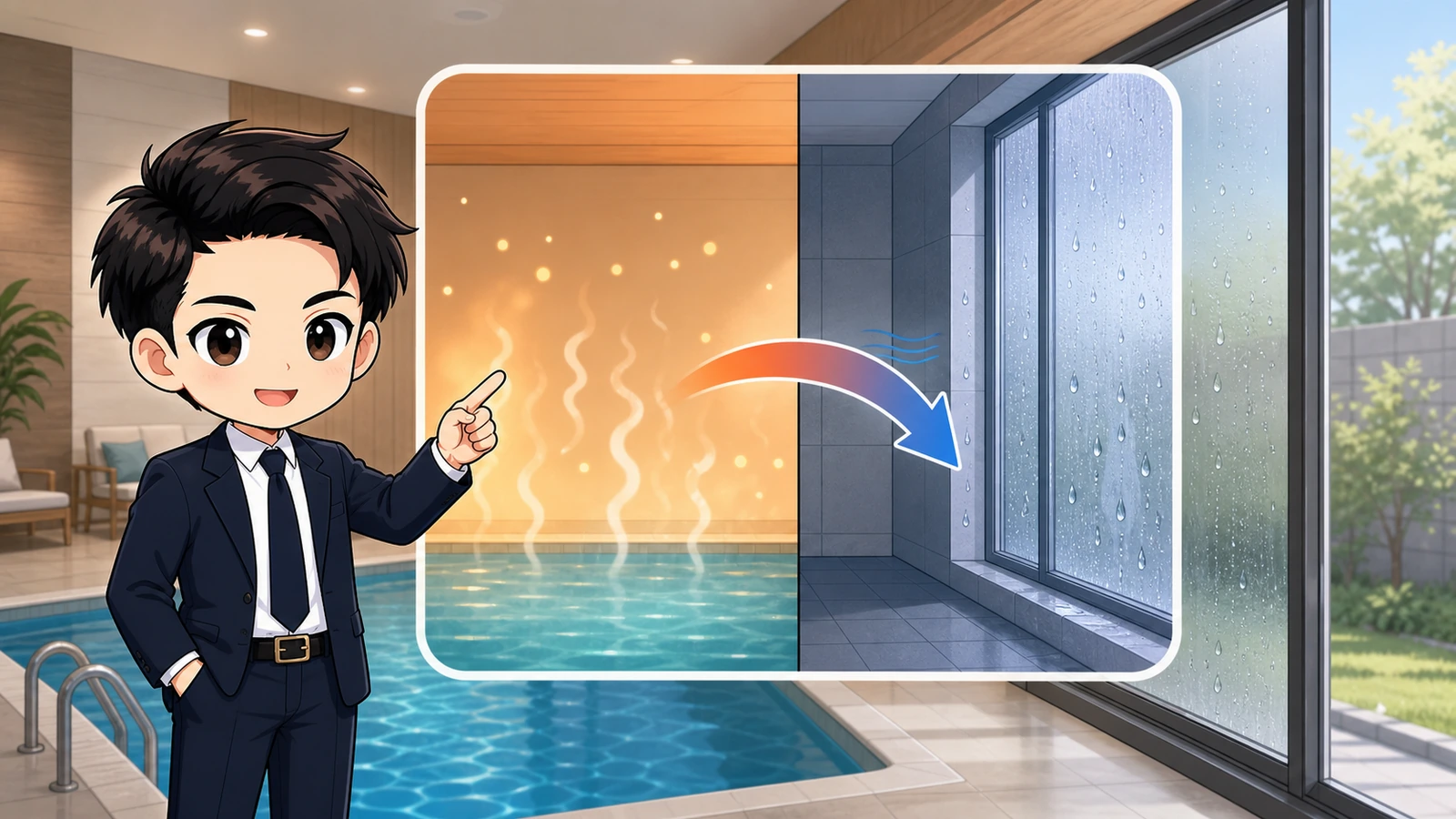 ざわ先生が屋内プールの暖かい湿気と冷たい窓で結露が起きる仕組みを説明するイラスト
