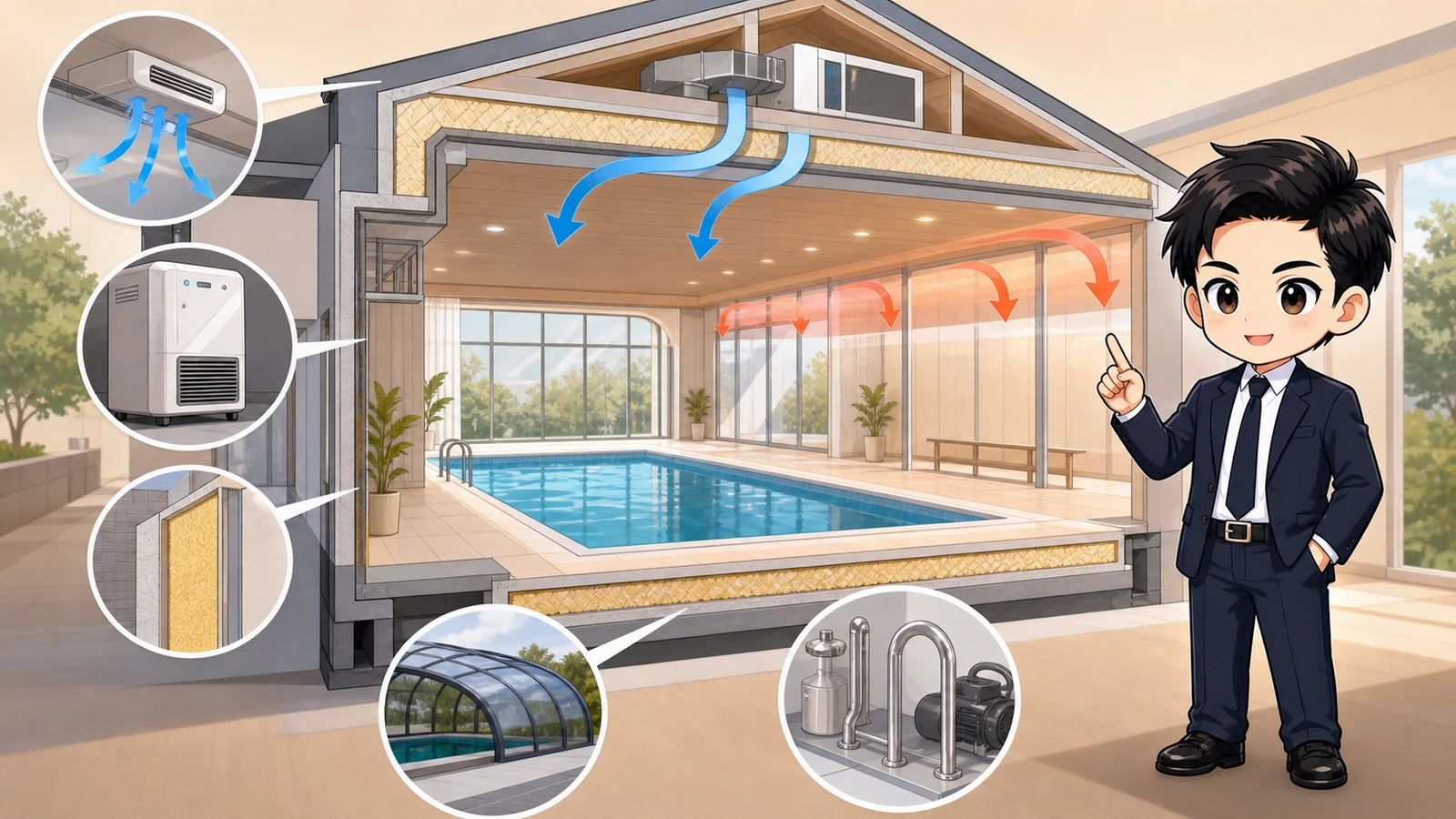 ざわ先生が屋内プールの換気・除湿・断熱・窓への気流を一体で設計するイラスト
