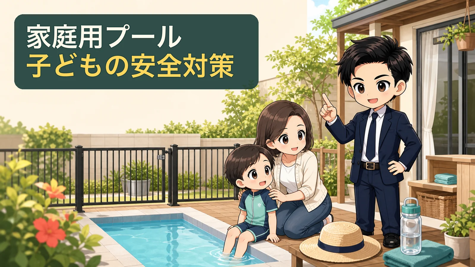家庭用プールの前で子どもの安全確認を説明するざわ先生