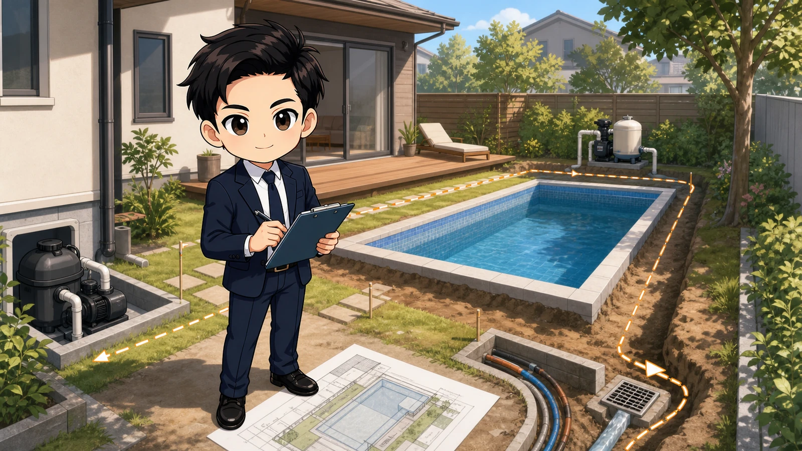 ざわ先生が常設型自宅プールの現地調査で敷地・搬入・給排水を確認するイラスト