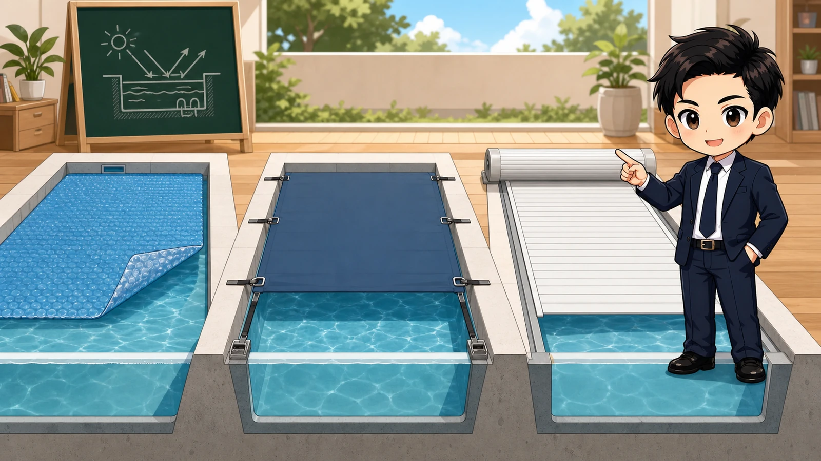 ざわ先生がフローティング・固定式・自動式のプールカバーを比較するイラスト