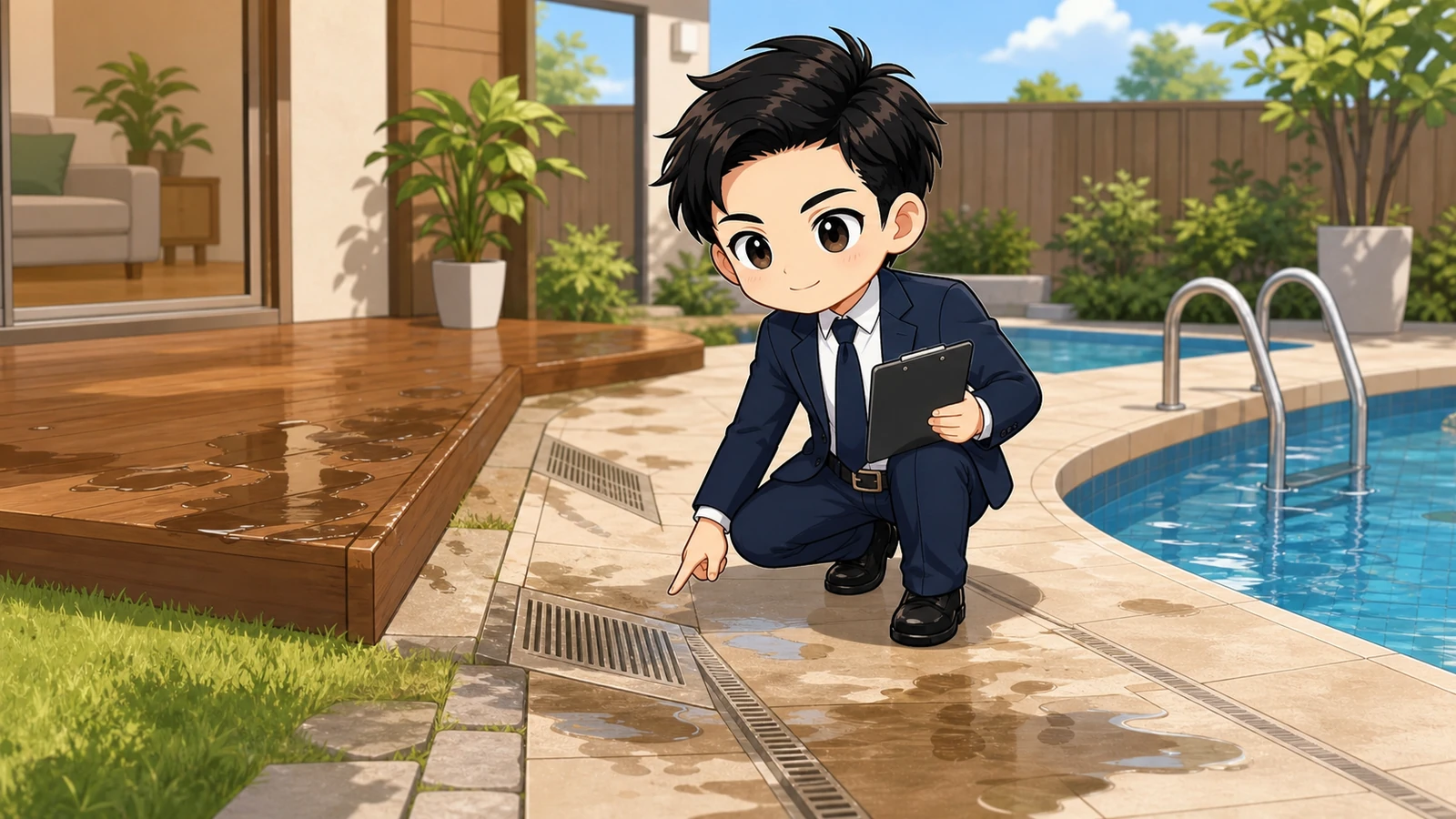 ざわ先生が常設型自宅プールのデッキで防滑・排水・段差を確認するイラスト
