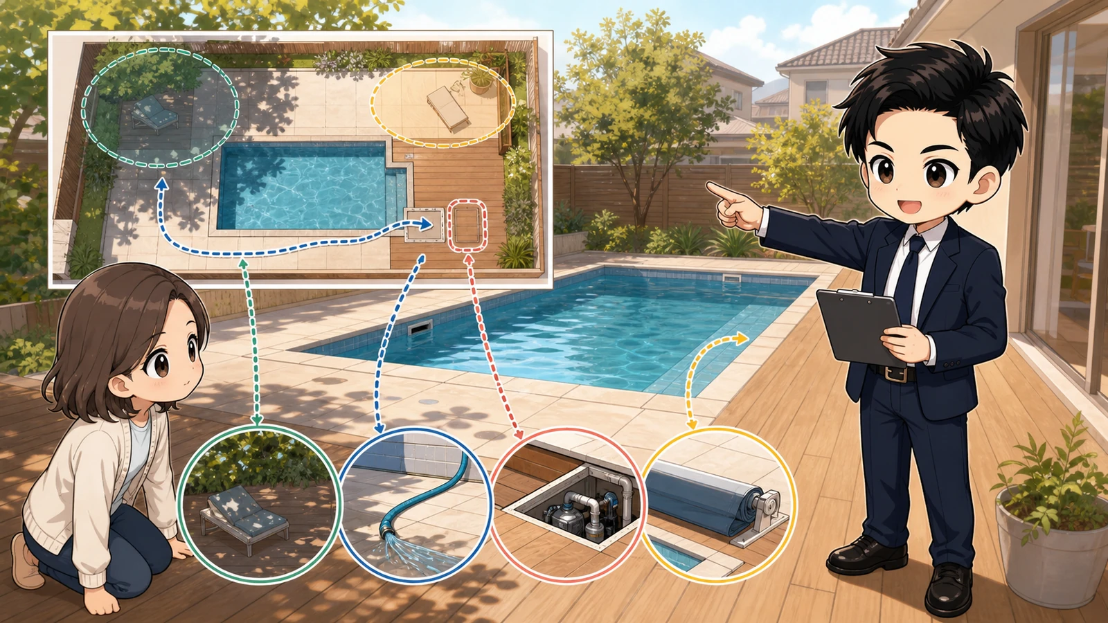 ざわ先生がプールデッキの表面温度・清掃・設備点検動線を確認するイラスト