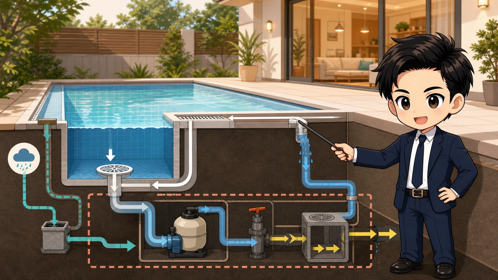 ざわ先生が施工型・固定式の自宅プールで排水設備の全体計画を説明するイラスト