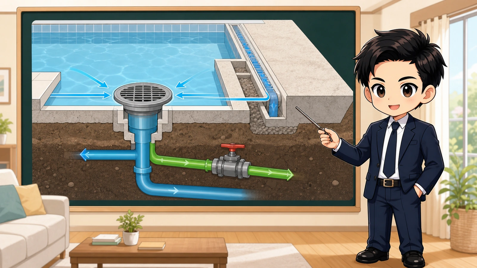ざわ先生が自宅プールの排水口・オーバーフロー・水抜き配管を確認するイラスト
