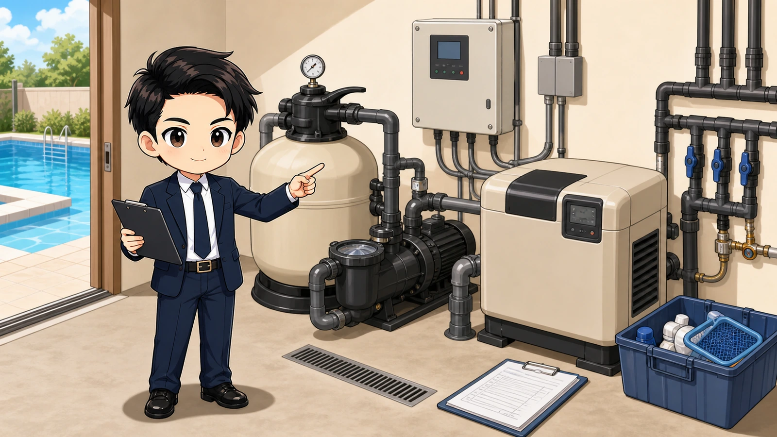 ざわ先生が施工型自宅プールの機械室に置く設備と条件を整理するイラスト