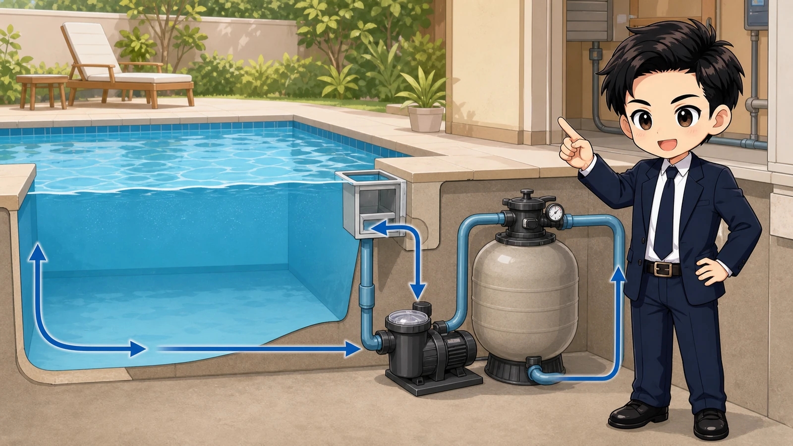 ざわ先生が常設型自宅プールの水量とろ過器の処理能力を確認するイラスト