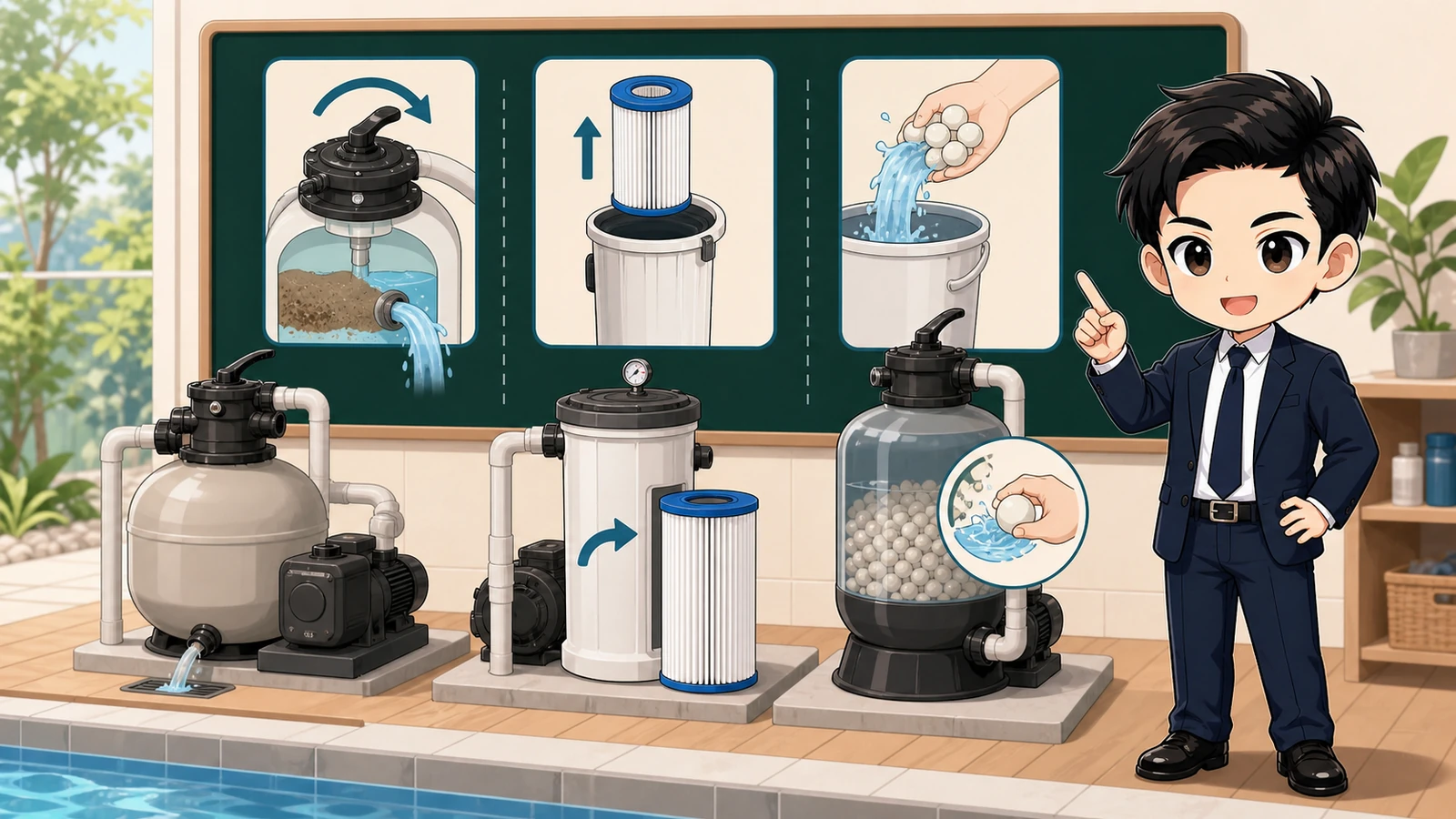 ざわ先生が砂式・カートリッジ式などのろ過方式と手入れを比較するイラスト