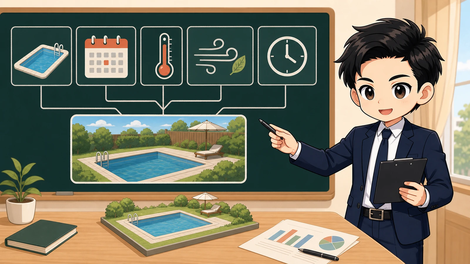 ざわ先生が常設型自宅プールの利用時期・水量・必要水温を整理するイラスト