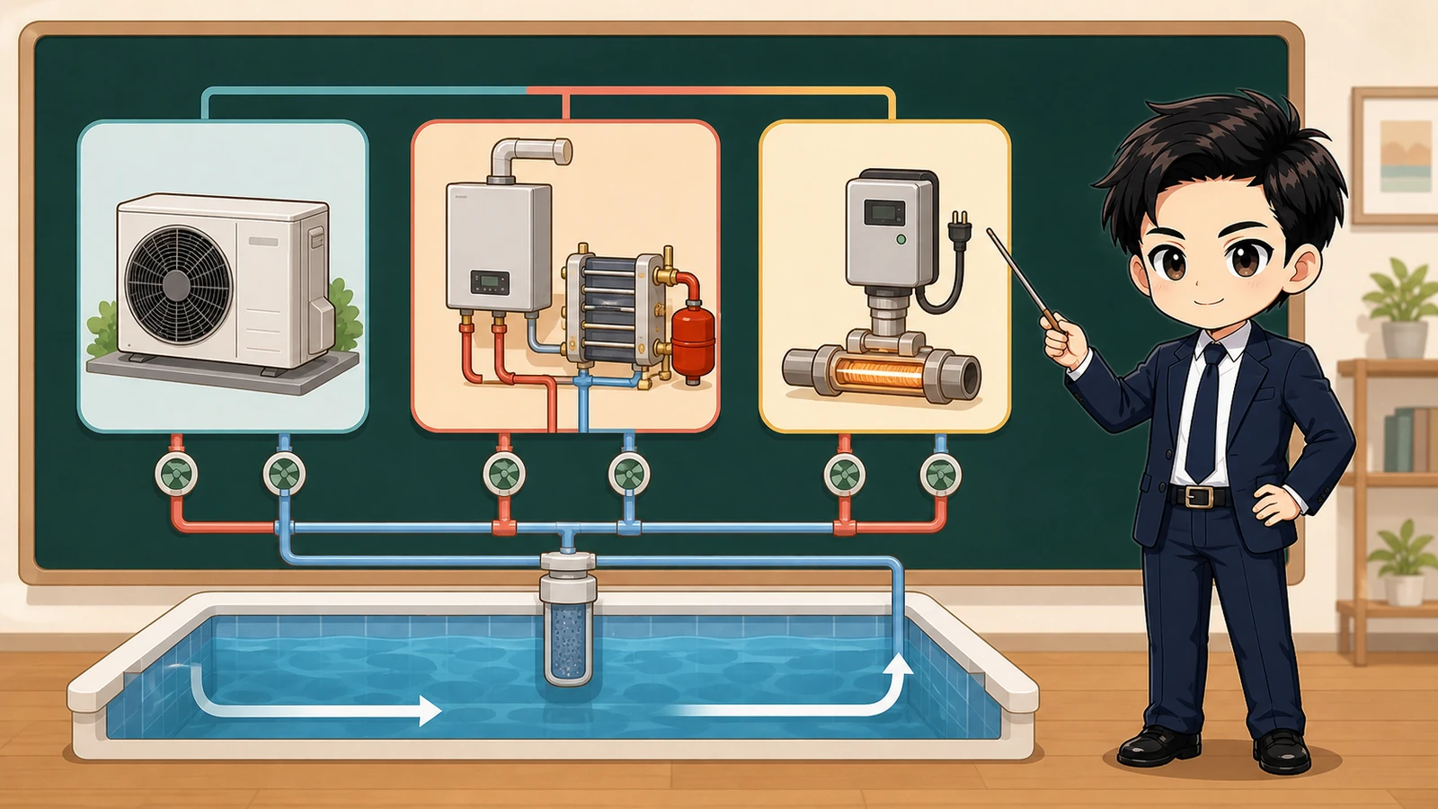 ざわ先生がプール用ヒートポンプ・熱交換器・電気ヒーターを比較するイラスト