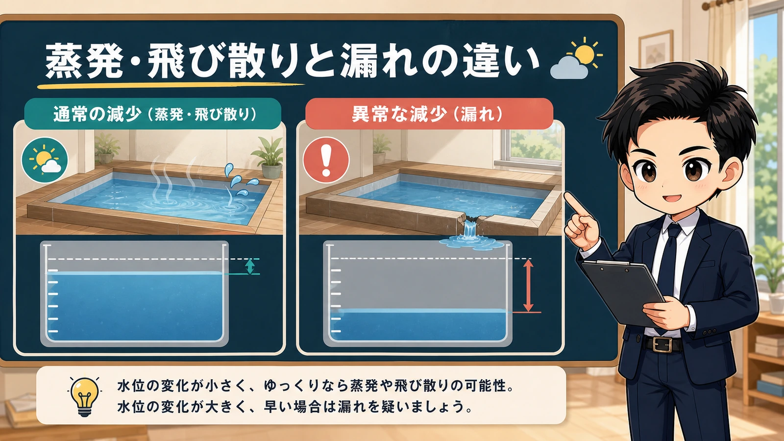 ざわ先生が固定式自宅プールの水位を同じ条件で記録するイラスト