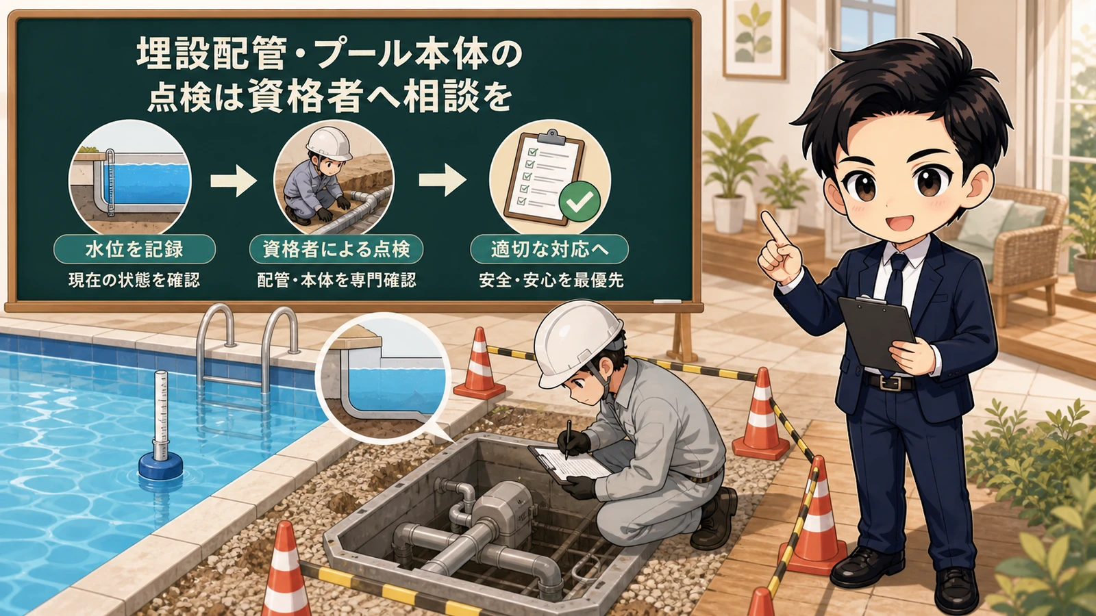 ざわ先生が自宅プールの漏水疑いを記録して専門点検へ引き継ぐイラスト