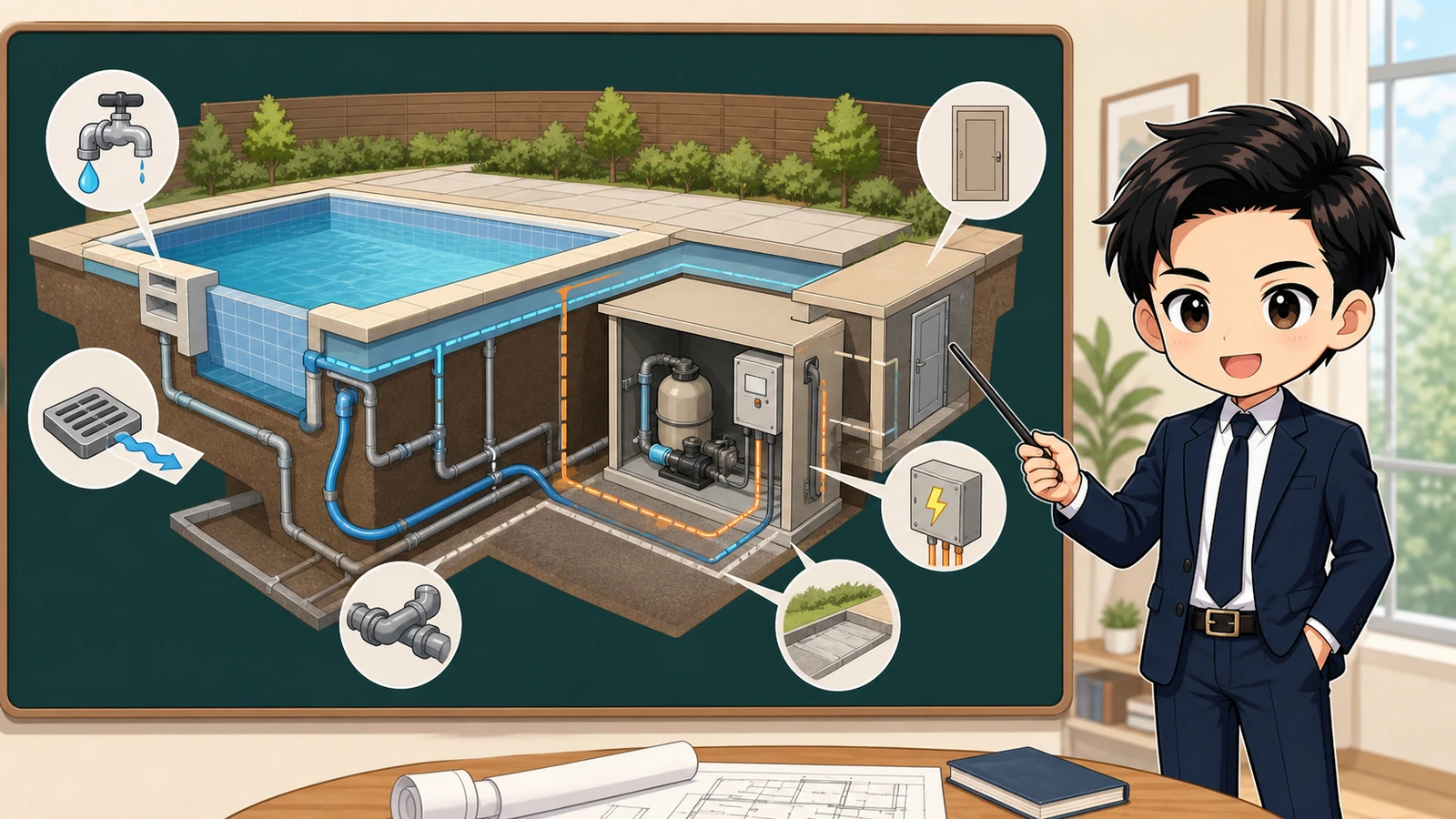 ざわ先生が常設自宅プールの給排水・電源・機械室・補修動線を確認するイラスト