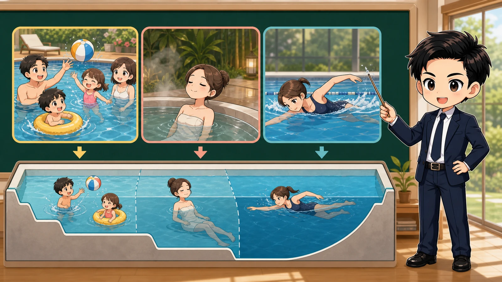 ざわ先生が常設型自宅プールの用途・利用人数・水面寸法・水深を整理するイラスト