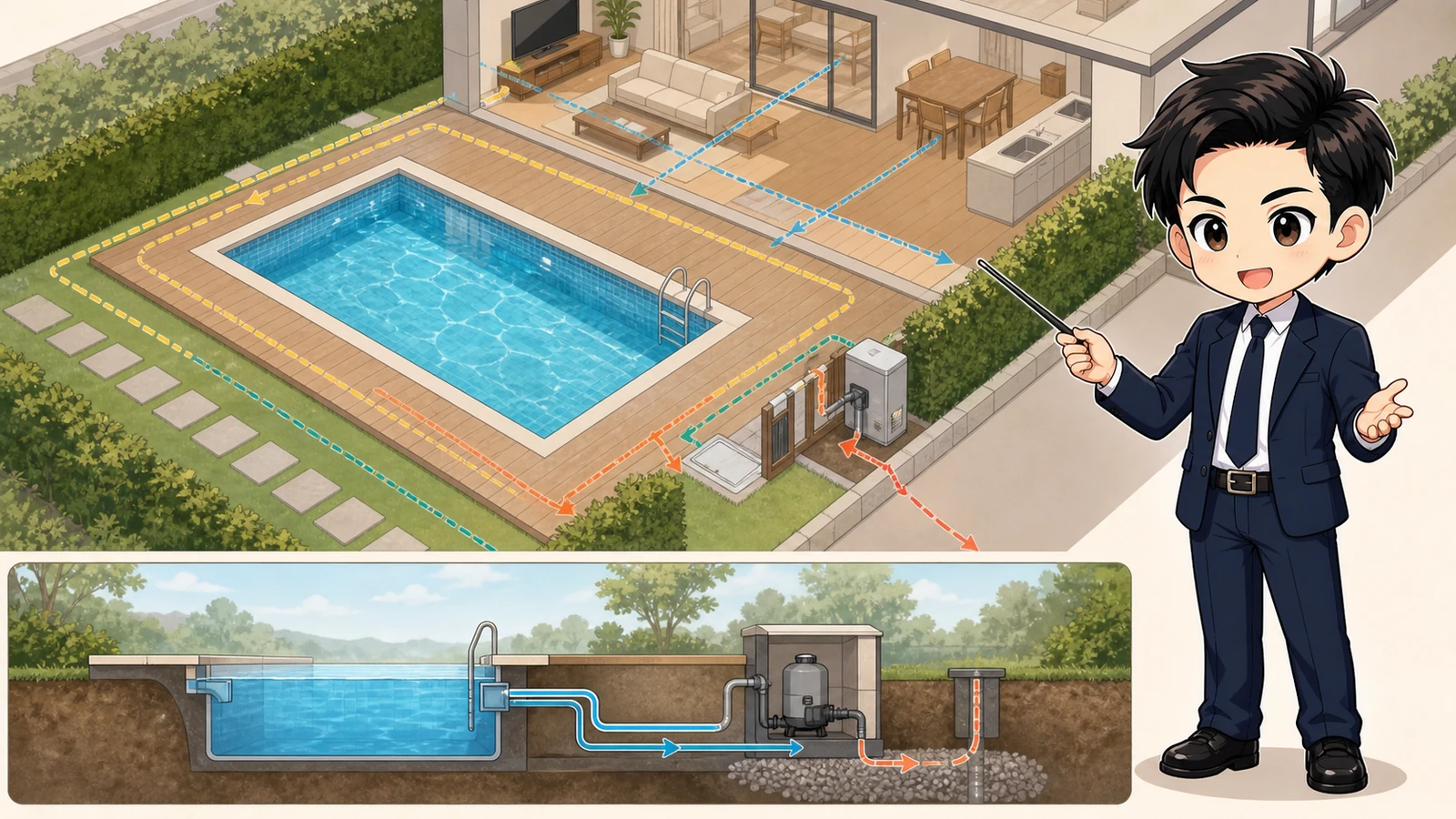 ざわ先生が自宅プール本体とデッキ・機械設備・点検動線を敷地図で確認するイラスト