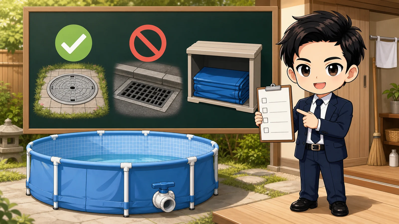 ざわ先生が家庭用プールの水の捨て方を排水先・水抜き・片付けに分けて説明するイラスト