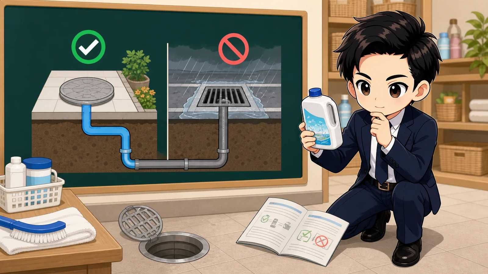 ざわ先生が家庭用プールの排水先と薬剤の有無を確認するイラスト