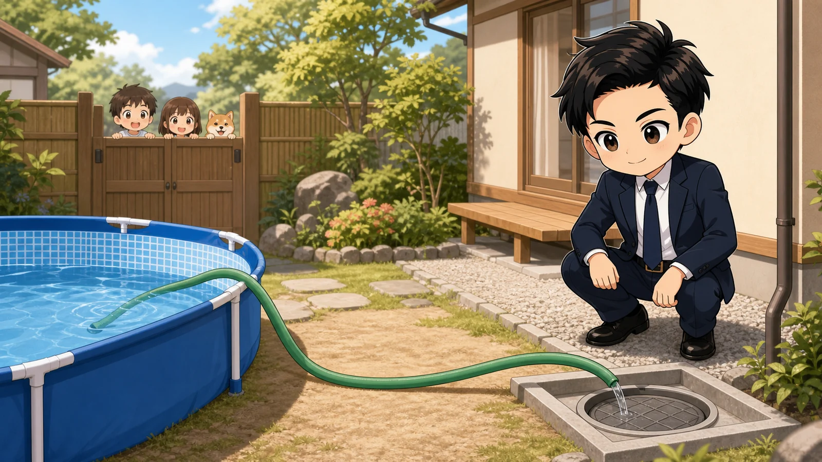 ざわ先生が家庭用プールからホースで少量ずつ水を抜くイラスト