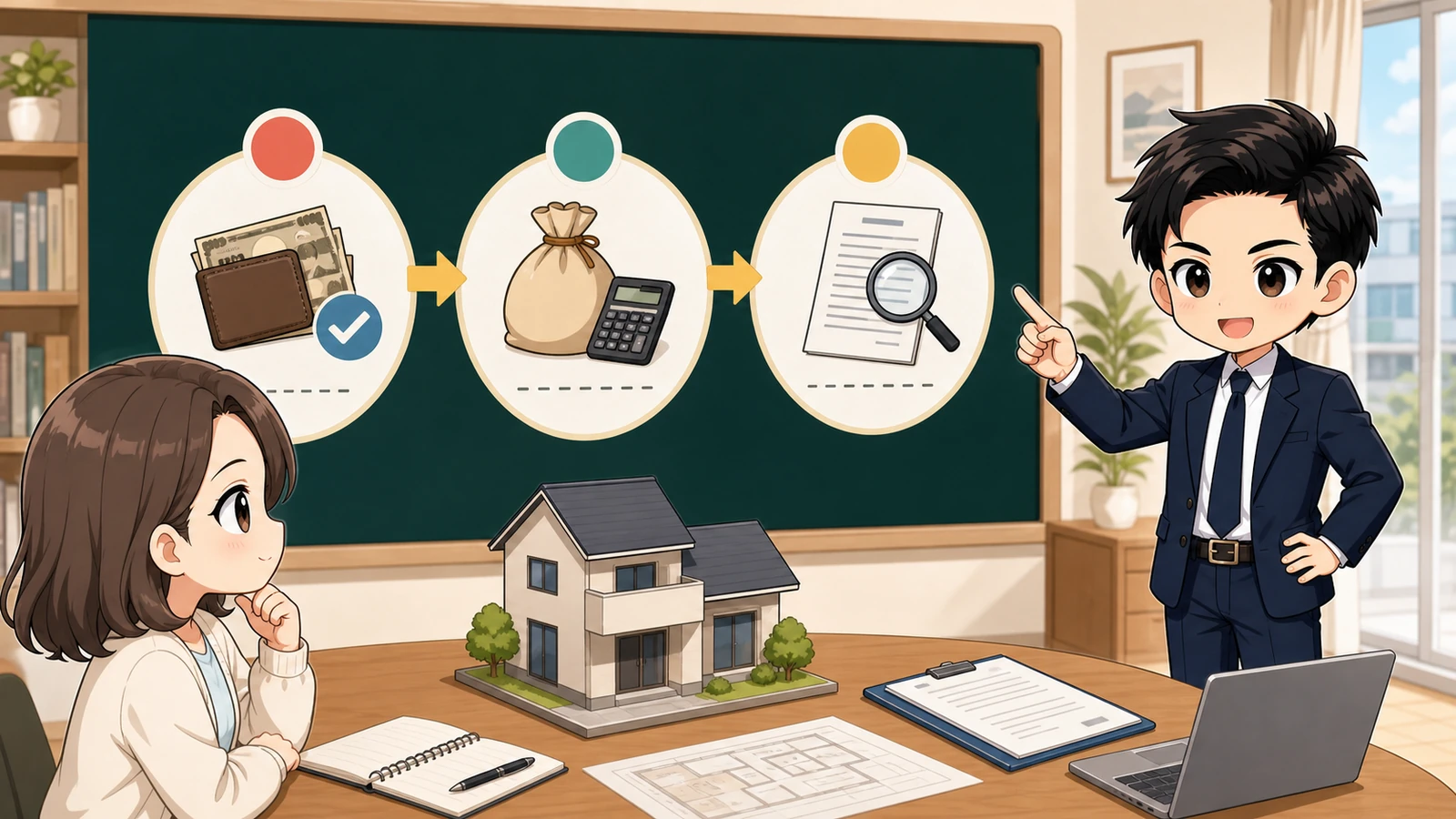 ざわ先生が住宅購入の手付金を違い・支払い・契約確認に分けて説明するイラスト