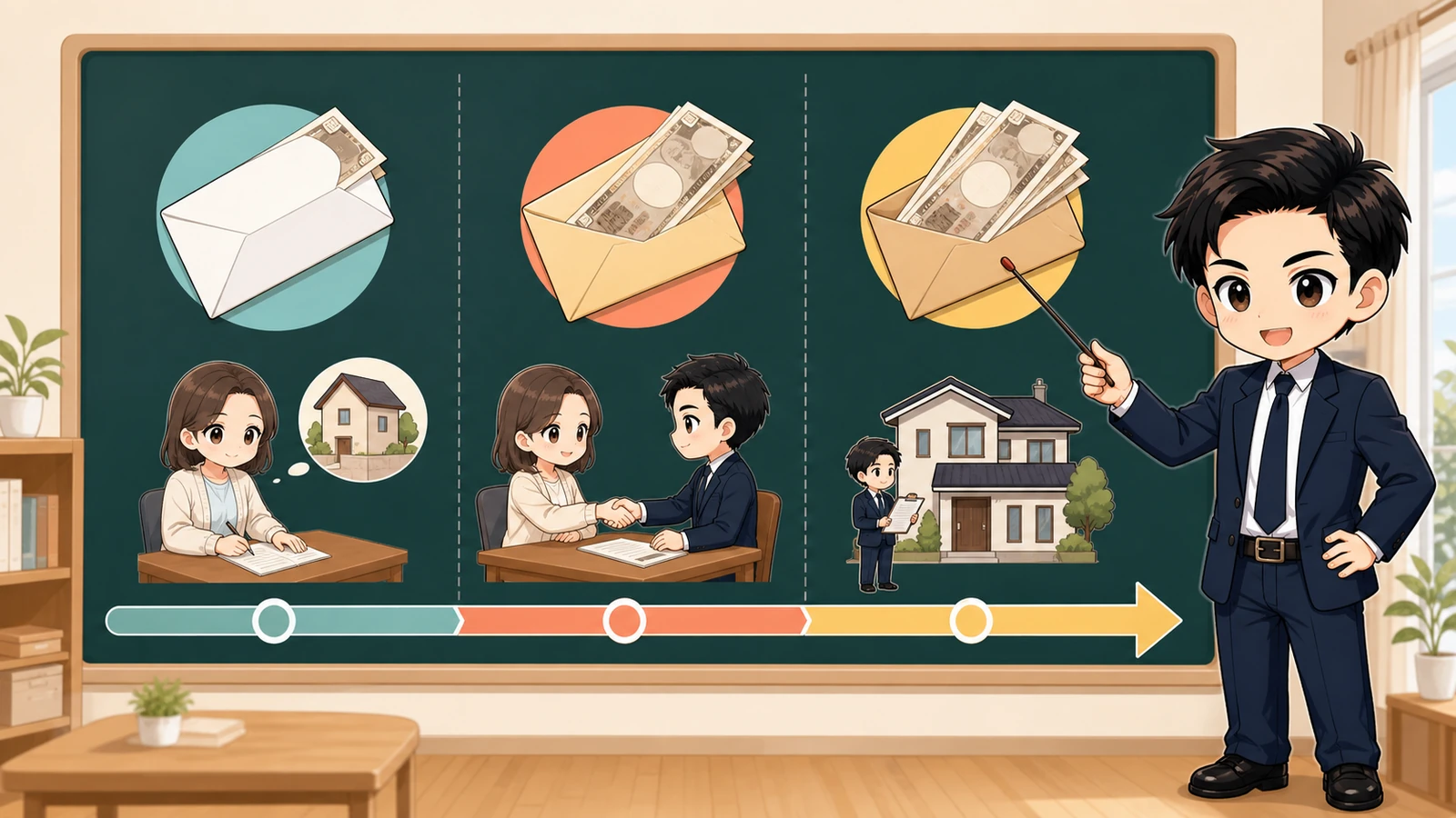 ざわ先生が住宅購入の手付金・申込金・頭金の違いを説明するイラスト