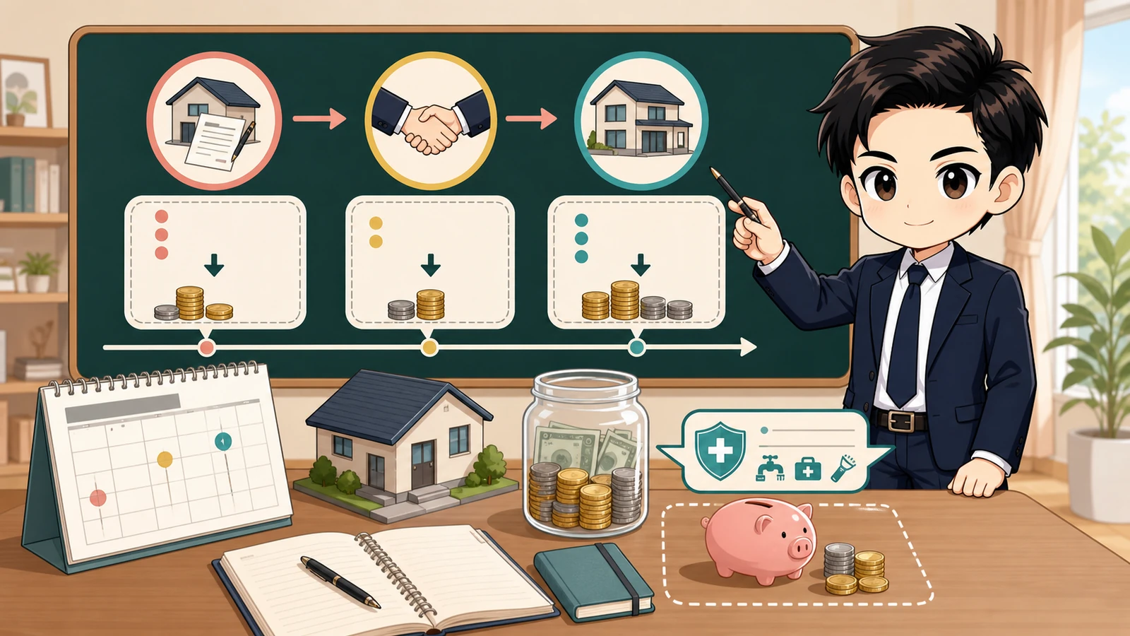 ざわ先生が手付金の金額と支払日を資金計画へ入れるイラスト