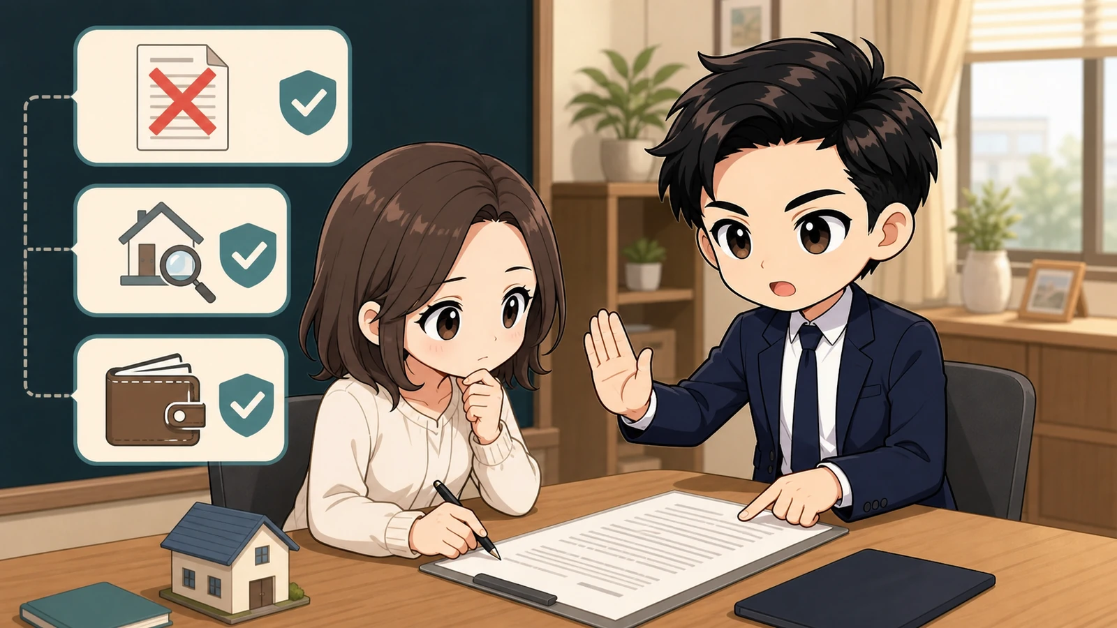 ざわ先生が手付解除・住宅ローン特約・保全措置を確認するイラスト