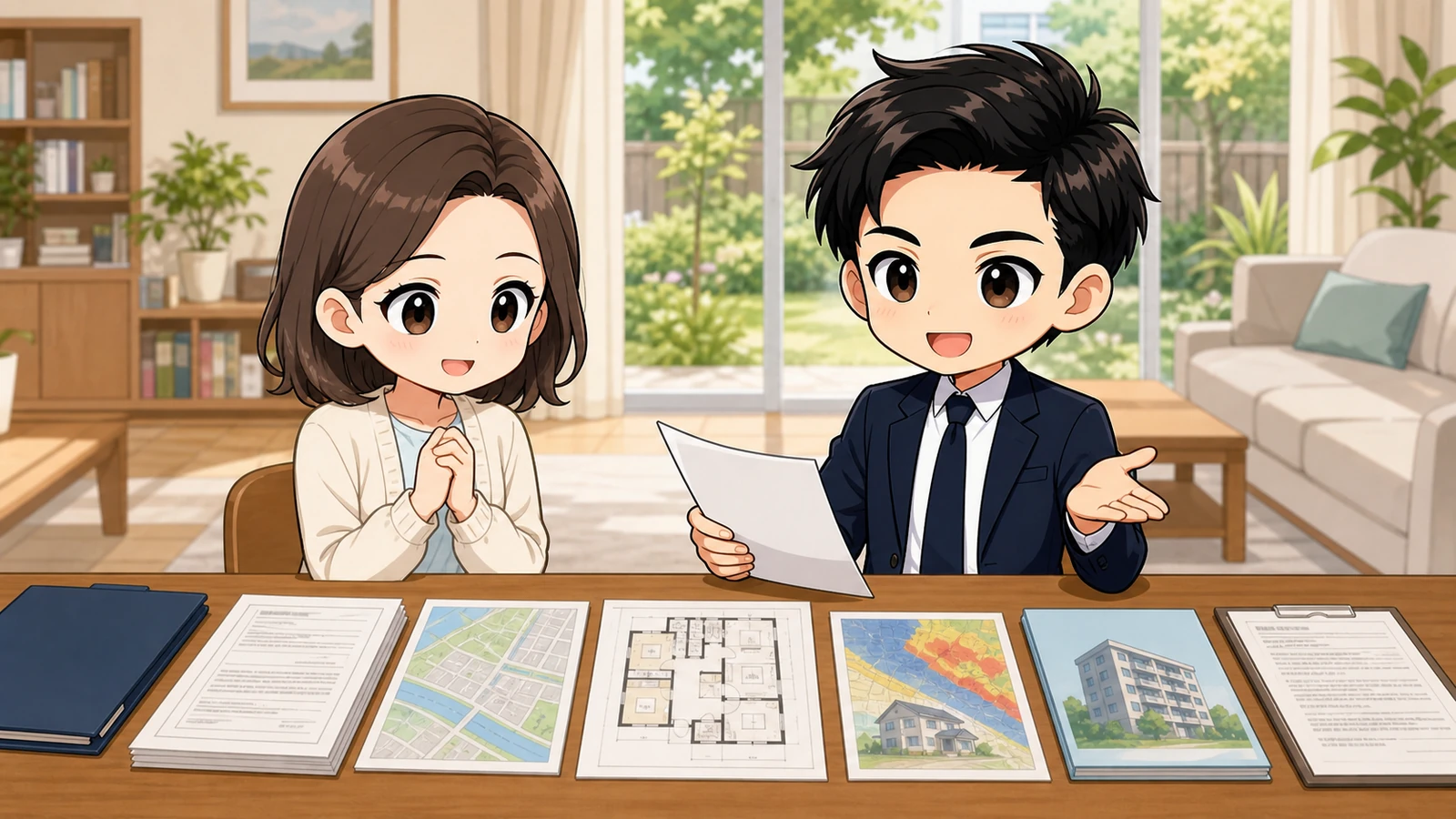 ざわ先生が住宅購入の重要事項説明書と登記・図面・ハザード資料を事前に受け取るイラスト