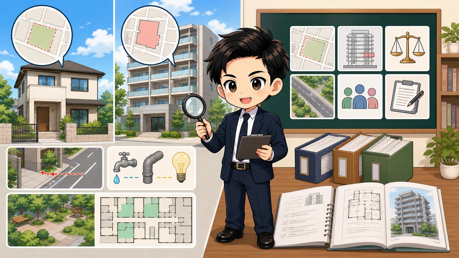ざわ先生が物件・権利・法令・道路・設備の内容を資料と現地で照合するイラスト