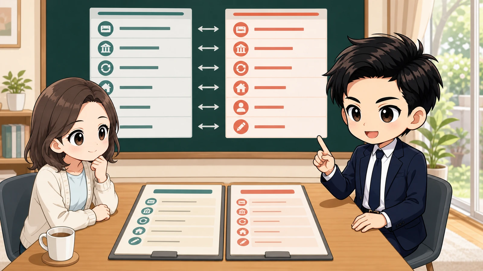 ざわ先生が手付金・契約解除・住宅ローン特約を売買契約書と比較するイラスト