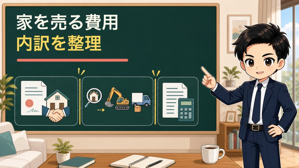 ざわ先生が家を売る費用の内訳を三つに分けて案内するイラスト