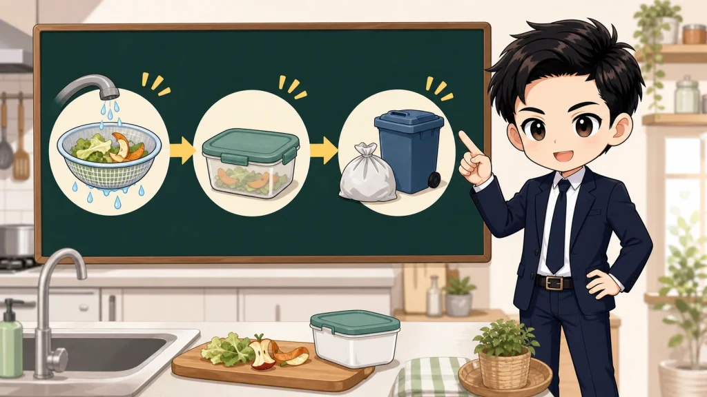 ざわ先生が生ごみの臭い対策を水切り・密閉保管・ごみ出しに分けて説明するイラスト