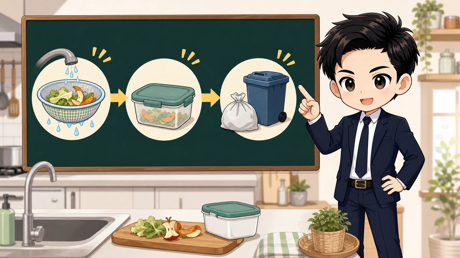 ざわ先生が生ごみの臭い対策を水切り・密閉保管・ごみ出しに分けて説明するイラスト