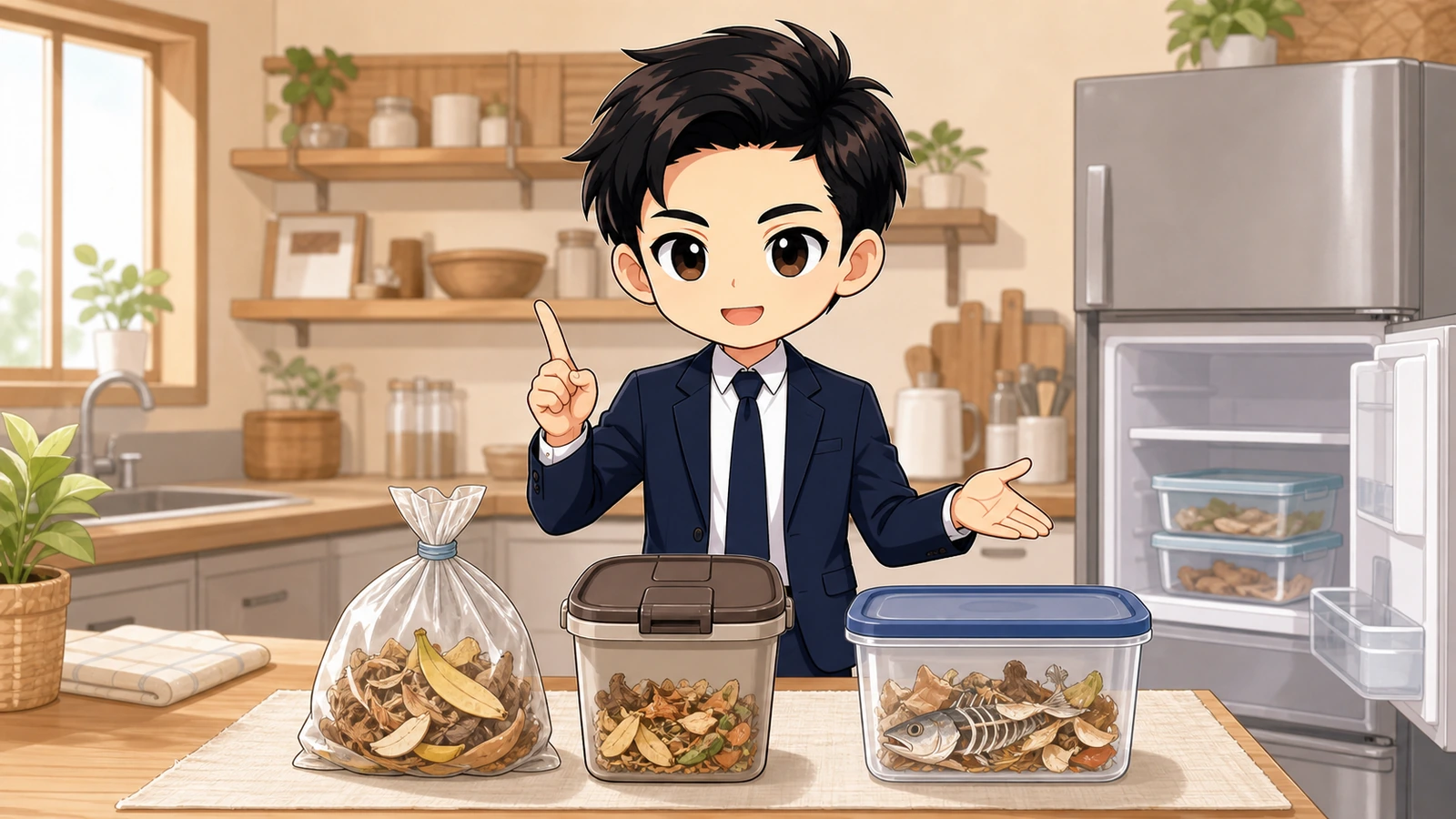 ざわ先生が生ごみを収集日まで密閉・冷却して保管する方法を説明するイラスト