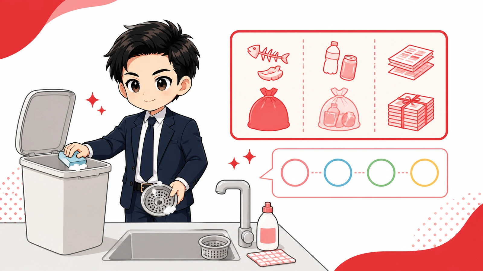 ざわ先生がごみ箱・排水口・分別ルールを一緒に見直すイラスト