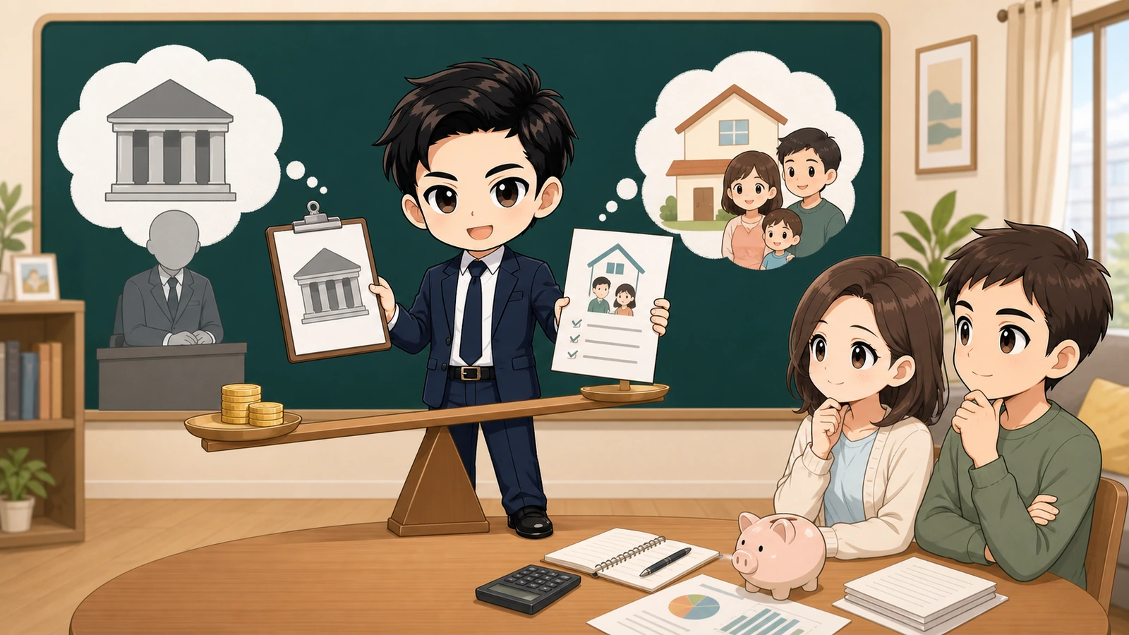 ざわ先生が住宅ローンの借入可能額と返済可能額を家計表で比べるイラスト