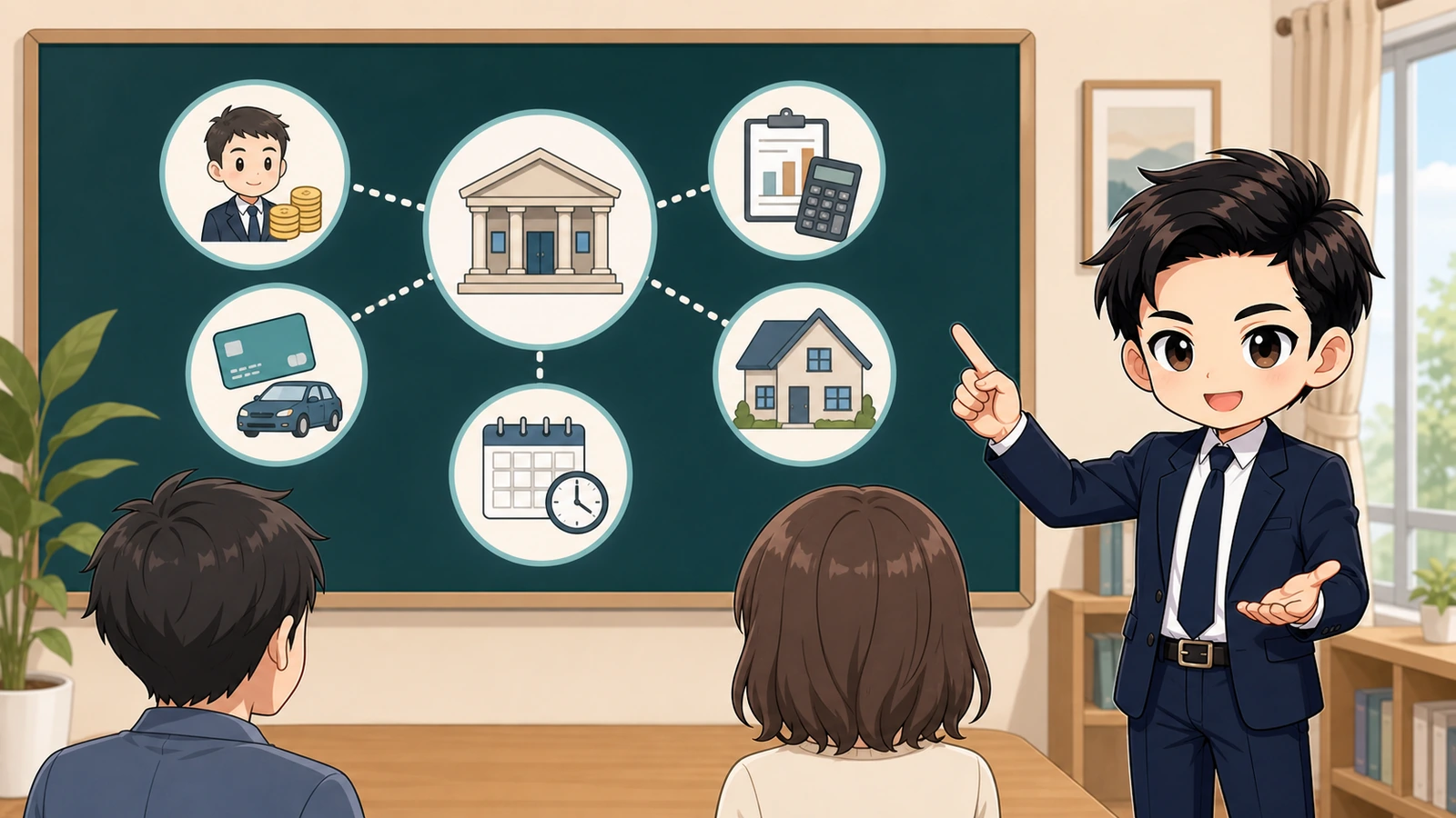 ざわ先生が金融機関の住宅ローン審査項目を説明するイラスト