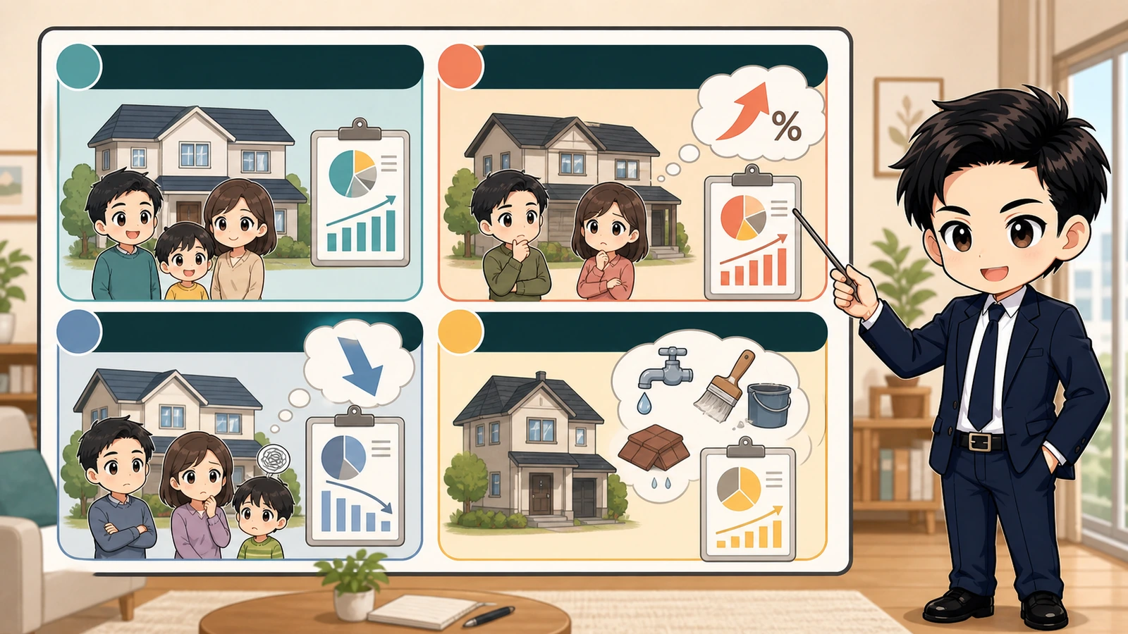 ざわ先生が住宅ローンの金利上昇・収入減少・維持費を三つのケースで比べるイラスト