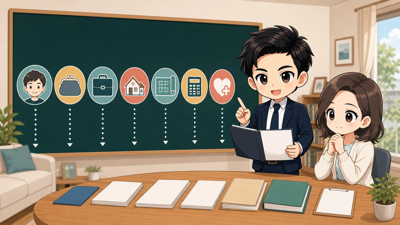 ざわ先生が住宅ローン本審査の追加資料と申告内容を確認するイラスト