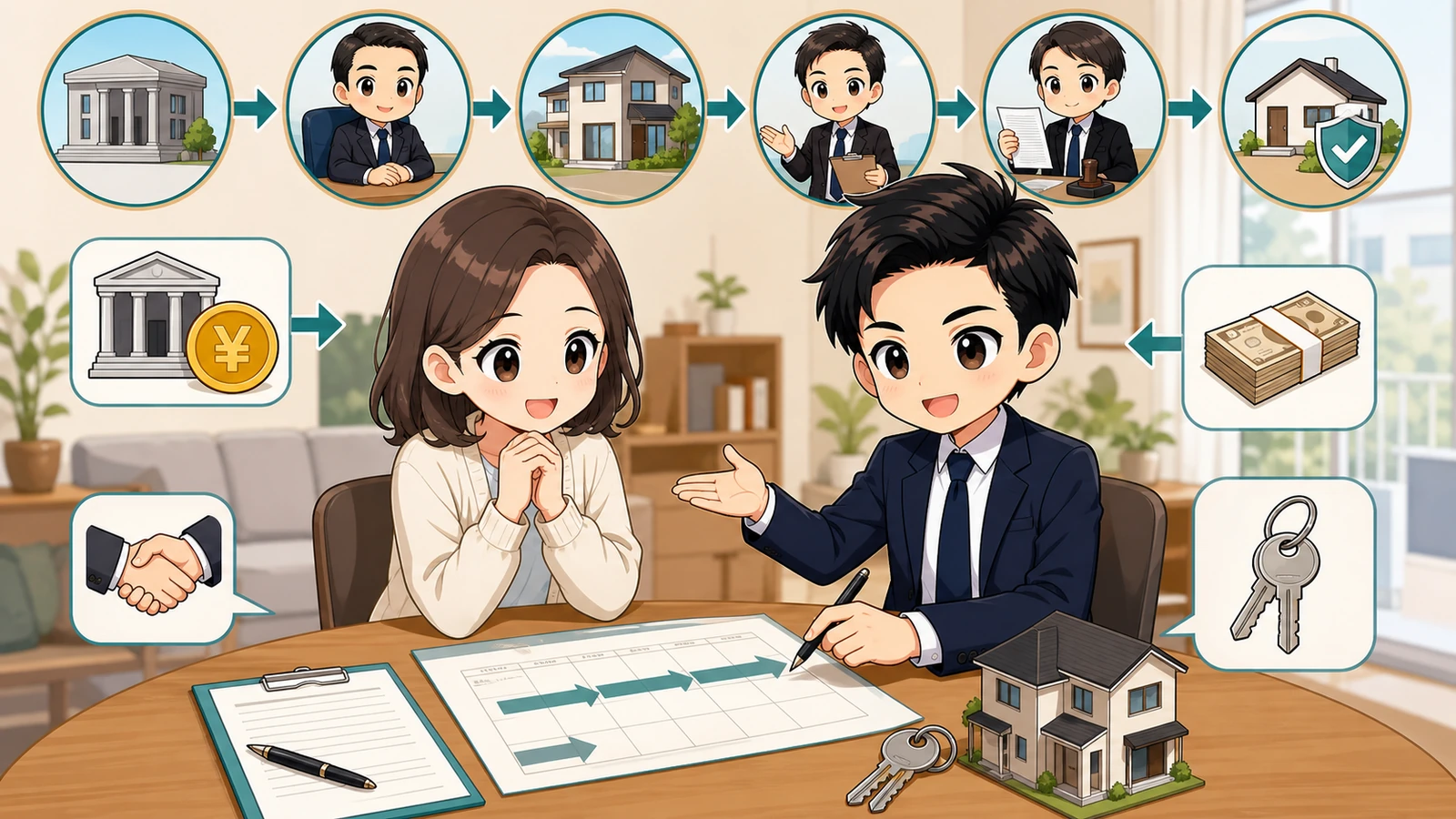 ざわ先生が審査承認後のローン契約・登記・融資実行を確認するイラスト