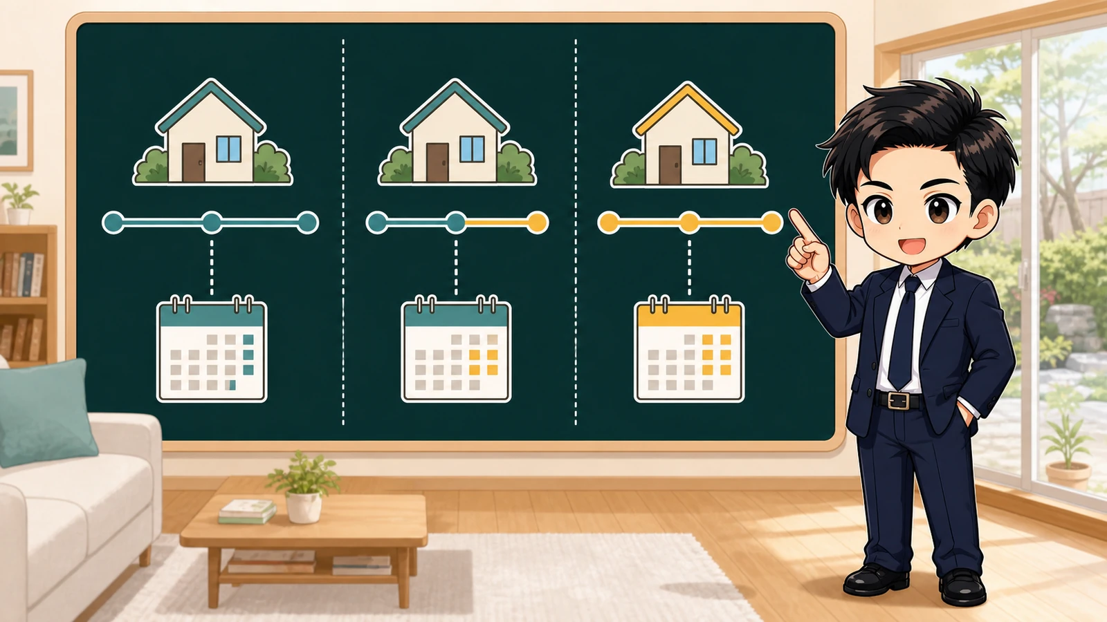 ざわ先生が全期間固定・固定期間選択・変動金利の違いを説明するイラスト