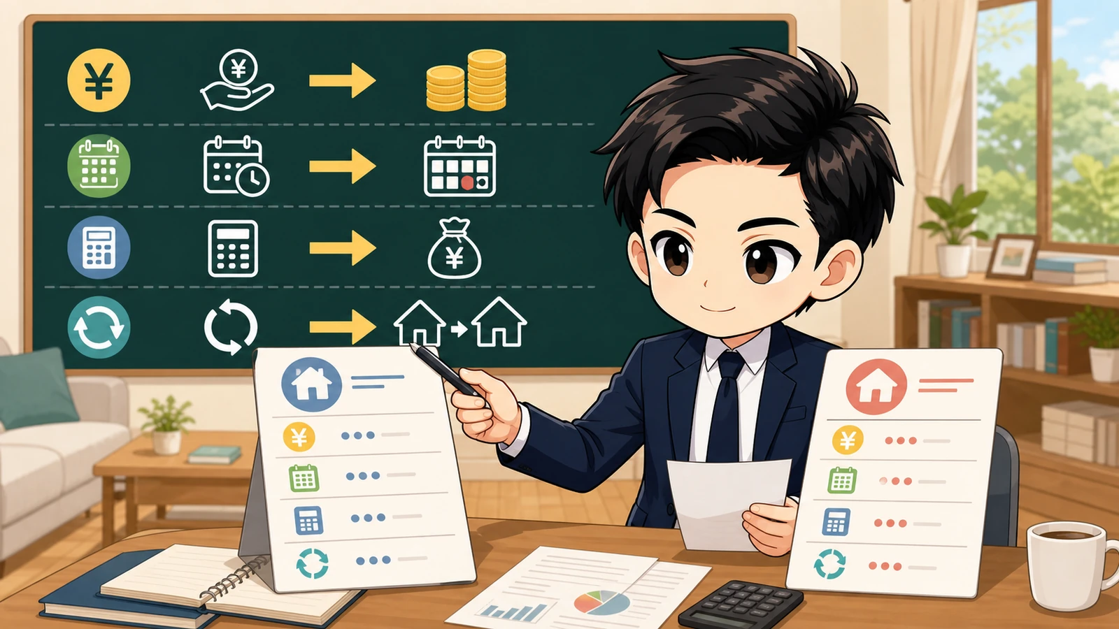 ざわ先生が住宅ローンの当初金利・返済額変化・契約条件を比較するイラスト