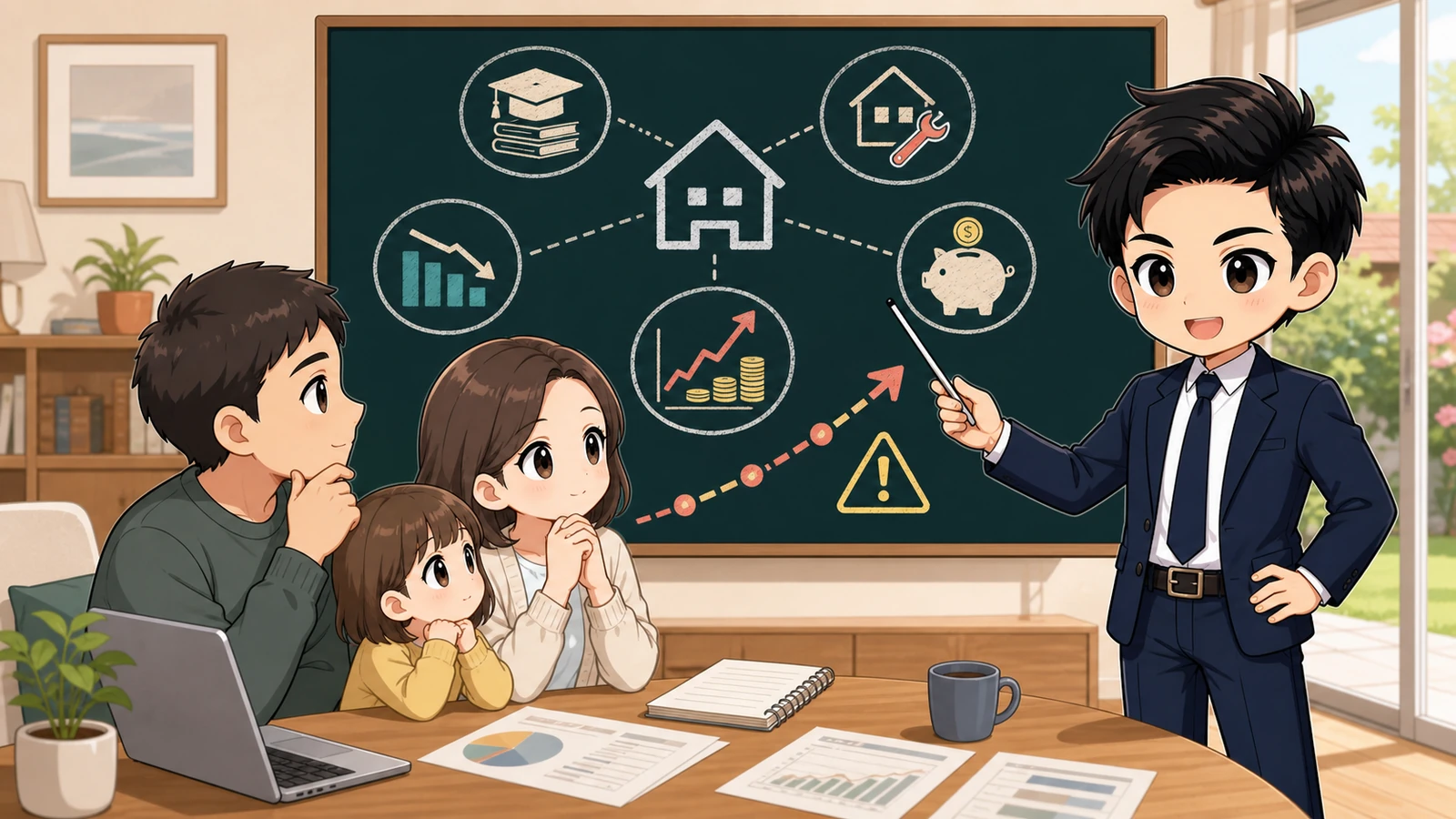 ざわ先生が金利上昇後も返済できる家計か試算するイラスト