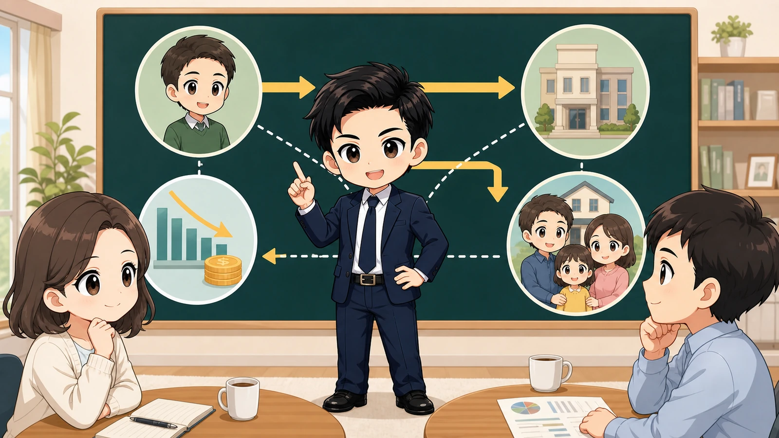 ざわ先生が住宅ローン団信の保障・費用・告知の比較ポイントを説明するイラスト