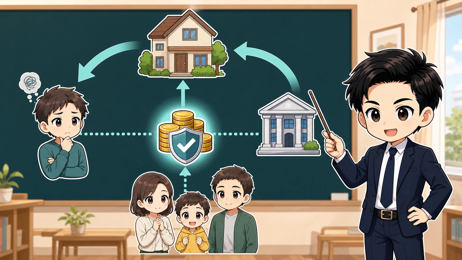 ざわ先生が住宅ローン残高と団信の基本保障の仕組みを説明するイラスト