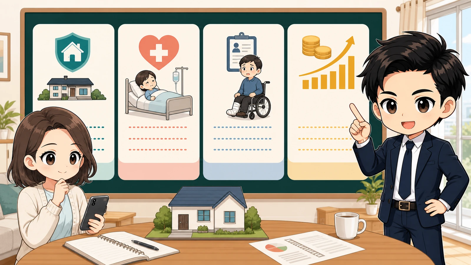 ざわ先生が団信特約の支払条件と上乗せ金利による返済負担を比較するイラスト