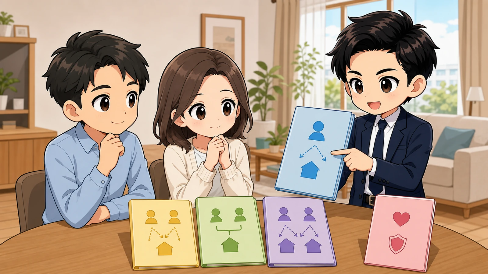ざわ先生が健康告知・夫婦の借入方法・既契約保険を照合するイラスト
