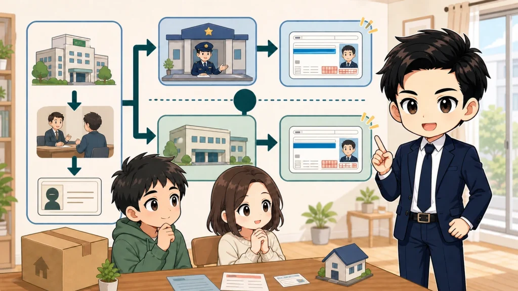 ざわ先生が引っ越し後の運転免許証住所変更の順番を説明するイラスト