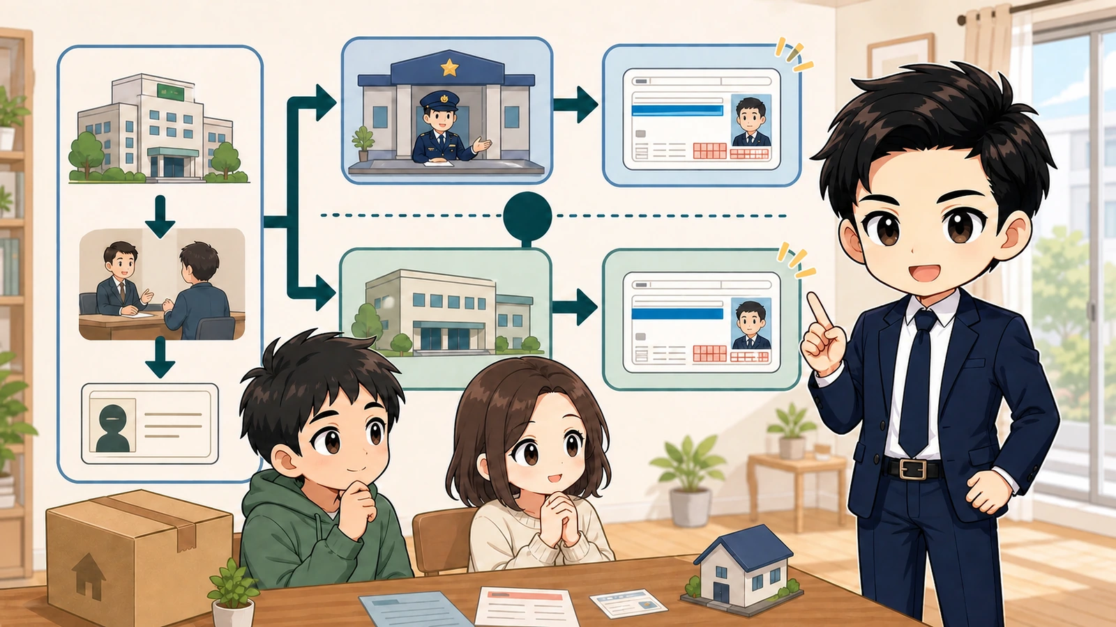 ざわ先生が引っ越し後の運転免許証住所変更の順番を説明するイラスト