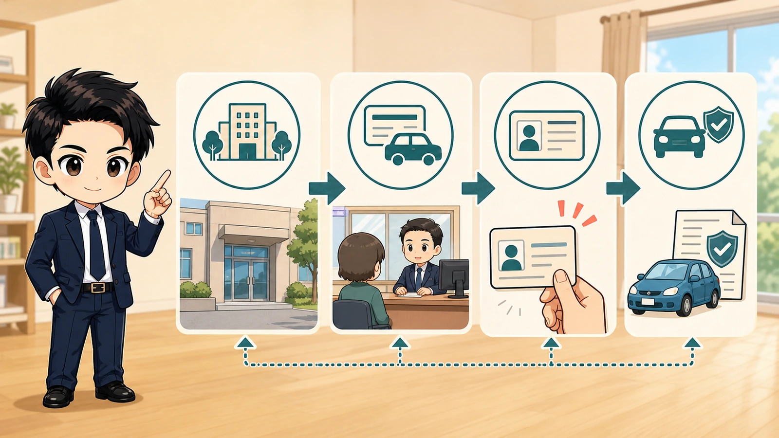 ざわ先生が住民票変更後に免許証住所変更と更新通知を確認するイラスト