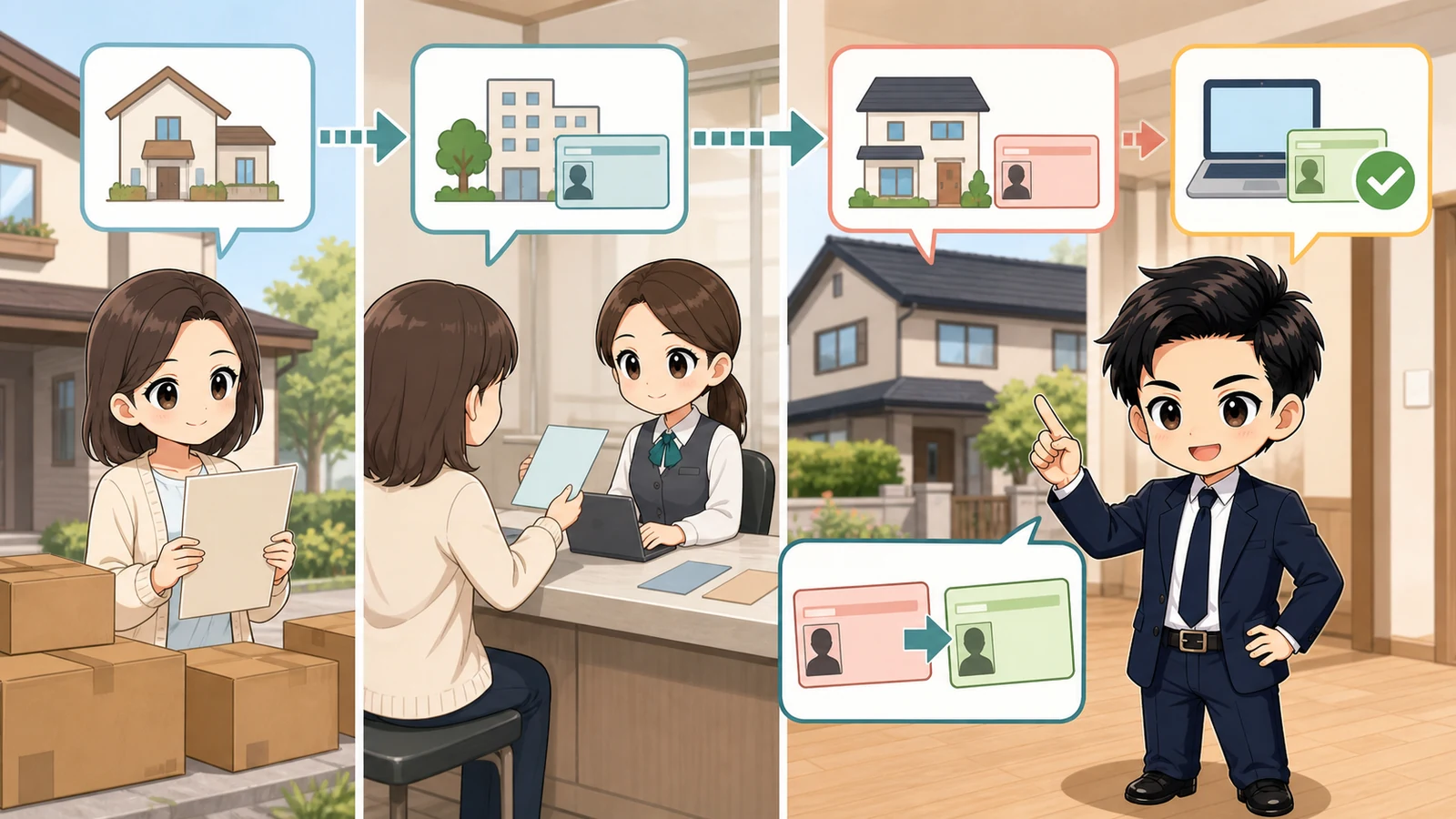 ざわ先生が引っ越し時のマイナンバーカード住所変更を期限・持ち物・窓口手続きに分けて説明するイラスト